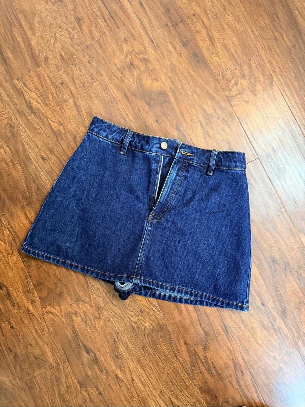 Showpo navy blue denim skirt with contrast gold stitching